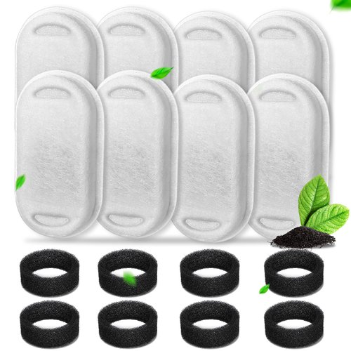 NautyPaws Cat Water Fountain Filters, 8 Pack Cat Fountain Filter Replacement with 8 Sponges for 67oz/2L Pet Water Fountain Stainless Steel, Dog Water Fountain