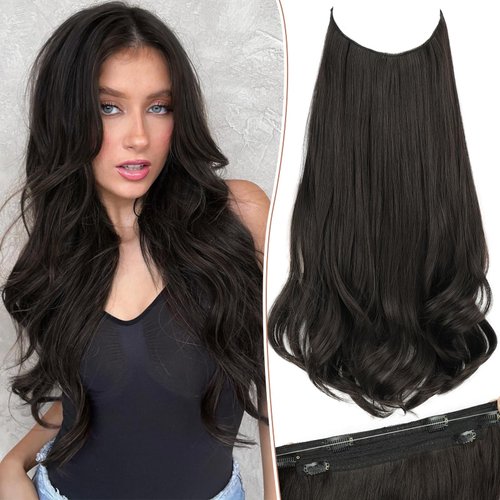 KooKaStyle Invisible Wire Hair Extensions with Transparent Wire Adjustable Size 6 Secure Clips Long Wavy Layered Synthetic Hair Extensions Natural Black 16 Inch