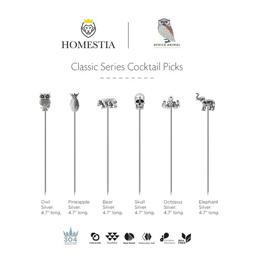 Homestia Cocktail Picks for Drinks, 4.7" Cocktail Toothpicks Metal Cocktail Garnish Skewer, 6Pcs Fancy Olive Martini Picks, Vintage Cocktail Pins Cocktail Accessories for Drinks
