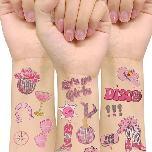 Cowgirl Temporary Tattoos, Pink Disco Cowgirl Let's Go Girls Bachelorette Tattoos Sticker,Disco Cowgirl Party Decorations,Giddy Up Cowgirl Accessory,Last Rodeo Bachelorette Western Party Decorations