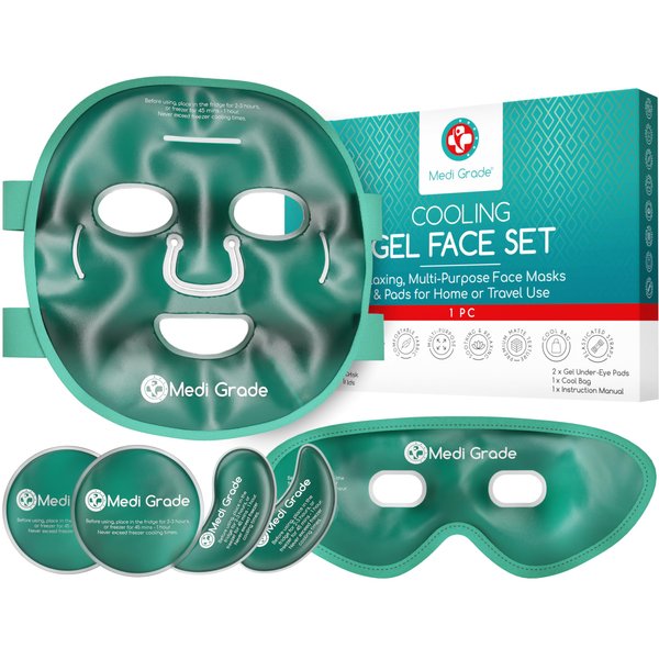 Medi Grade Cooling Ice Face Mask and Cooling Eye Mask for Puffy Eyes & Migraine Relief - Self Care Face Ice Pack with ChillGel Face Ice Mask Technology - Cooling Face Mask, Eye Pads and Bag