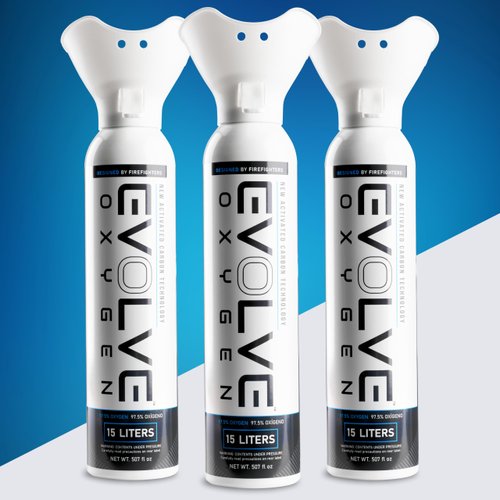 EVOLVE 15-Liter Pure Oxygen Canister with Breathing Cup | Portable Oxygen Can | Ideal for Home Use and Outdoor Activities | Designed by Firefighters | Made in The USA | Pack of 3