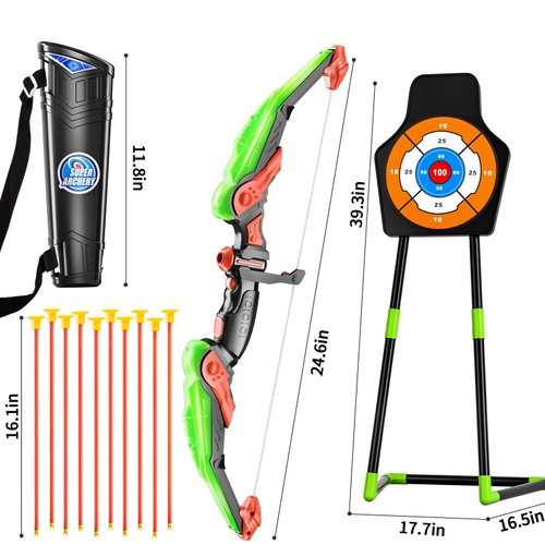 TEMI Bow and Arrow Set for Kids with LED Lights-Archery Set with 10 Suction Cup Arrows, Quivers & Standing Target, Outdoor Toys for Kids Boys & Girls Ages 3-12 Years Old