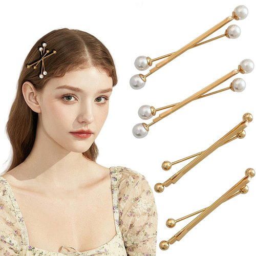 4PCS Artificial Pearl Hair Pin Fancy Golden Metal Bobby Pin, X Shaped Small Hair Clips Elegant Non Slip Hair Accessories for Women Girls Decorative