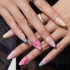 GLAMERMAID Press on Nails Medium Almond, Spring Summer Macaron Flower Glue on Gel Nails with Floral Smilling French Tip, 24Pcs Short Stiletto Acrylic False Nail Kit Full Cover Stick on Nails for Women