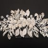 Teyglen Silver Leaf Headpiece Flower Wedding Hair Comb Bridal Rhinestone Pearl Side Comb Handmade Hair Piece Flower Hair Accessories for Women Girls (Silver)