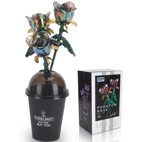 lanliebao Iridescent DIY Block Toy Roses Trio with Unique Coffee Cup Vase: The Perfect Creative Gift for Loved Ones