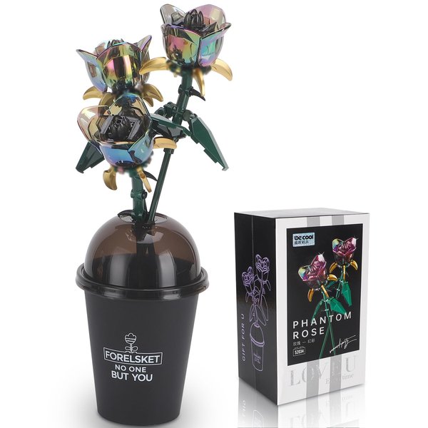 lanliebao Iridescent DIY Block Toy Roses Trio with Unique Coffee Cup Vase: The Perfect Creative Gift for Loved Ones