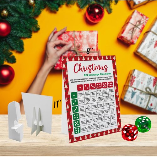 Exchange Dice Game, One Instruction Standing Sign with 2 Dice, Christmas Group Party Game, Xmas Gift Swap Game-SDGE02