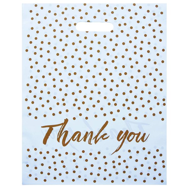 HomeWorthy (25 Pack Premium White With Gold Polka Dots 12 x 15 Inch Thank You Bags for Small Business - Premium Thickness Plastic Shopping Bags with Durable Handles