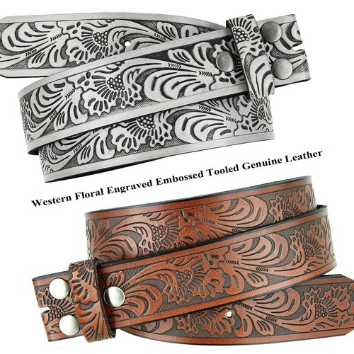 BS220 Western Floral Engraved Embossed Tooled Genuine Leather Belt Strap w/Snaps 1 1/2" Wide (Brown, 34)