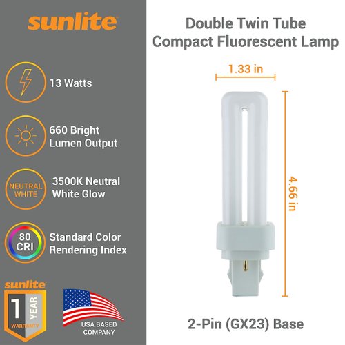 Sunlite 40540 PLD13/SP35K/10PK Double Twin Tube Compact Fluorescent Lamp, PLD 2-Pin, 13 Watts, 660 Lumens, 3500K Neutral White, 2-Pin (GX23-2) Base, 10 Pack