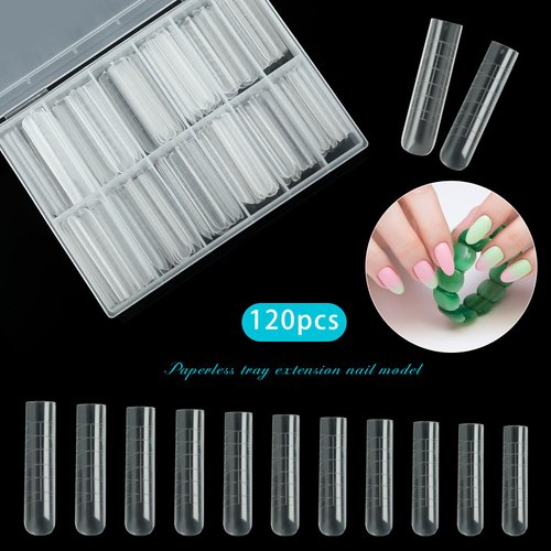 Vnjaoi 120 Pcs Poly Extension Gel Dual Nail Forms Nail Molds With Scale Builder Coffin Nail for Gel Manicure Nail Art Design Salon DIY at Home (Long U-Shaped Thickened Dual Nail Forms Set)