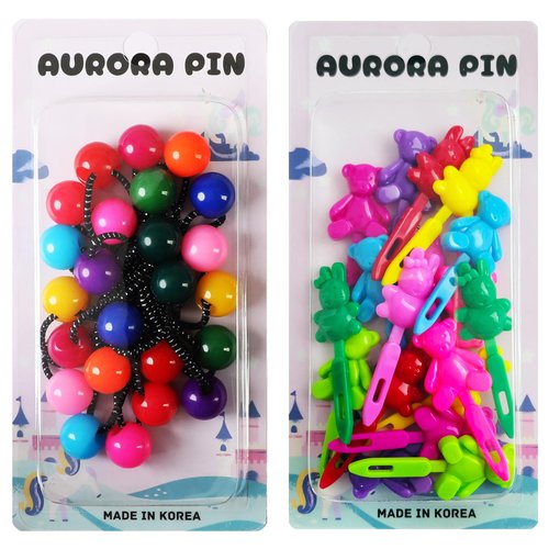 Aurora Pin 30 Pcs Colorful Self Hinge Hair Barrettes and Beads Hair Ball Ties; Kids Hair Accessories for Girls and Toddlers; Multicolor Plastic Hair Clips and Elastic Ponytail Holders, Made in Korea