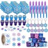 Snowflake Birthday Party Favors Supplies Kids Girl Winter Party Decorations Set Include 12 Invisible Ink Pen,12 Mini Notebook,12 Slap Bracelets,12 Silicone Keychains, 12 Stampers,1 Snowflake Sticker
