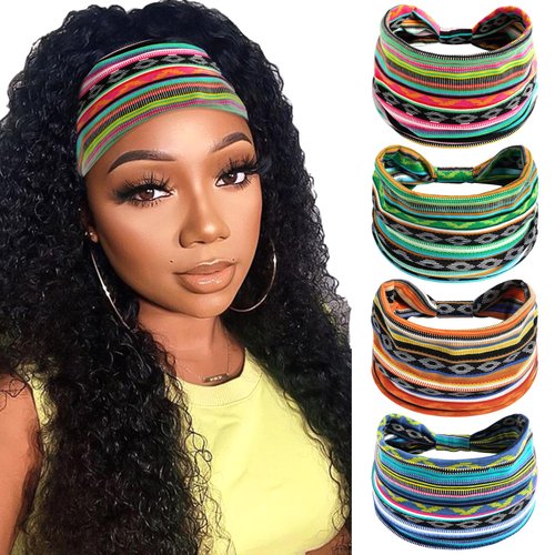 SAWINDA Wide Boho Headbands for Women African Style Floral Print Twisted Womens Head Bands Elastic Non-Slip Hair Wraps for Women Daily Life Yoga Sports 4 Pack