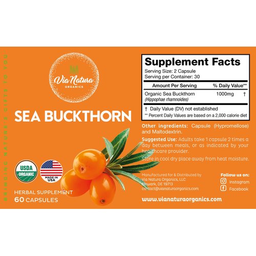 Via Natura Organics Sea Buckthorn Capsules 1000mg | Organic Herbal Supplement | Natural Source of Omega 3, Omega 6, Omega 7 and Omega 9 | 60 Capsules