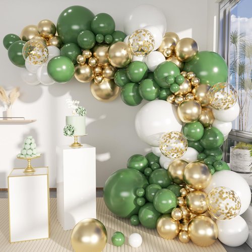 MEBAY Green White Gold Balloon Arch Kit, 146Pcs Avocado Green Metallic Chrome Gold Confetti and White Latex Balloons for Wedding Birthday Baby Shower Decoration
