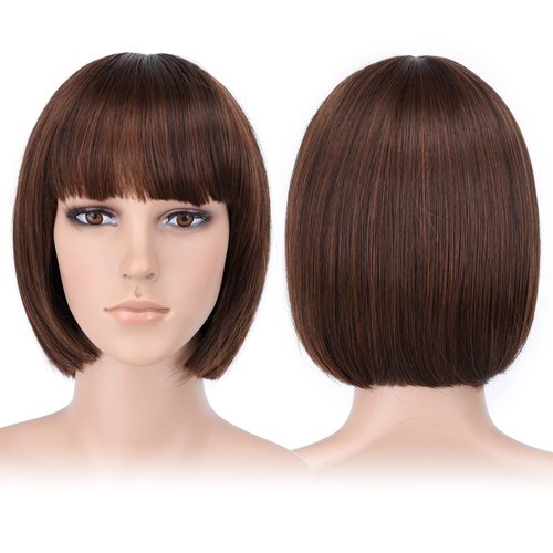 HSPJHTM Brown Bob Wigs,Short Bob Hair Wigs 10" Straight with Thick Bangs Synthetic Colorful Cosplay Daily Party Wig for Women Natural (Free Wig Cap)