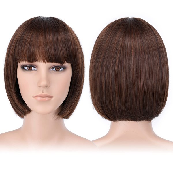 HSPJHTM Brown Bob Wigs,Short Bob Hair Wigs 10" Straight with Thick Bangs Synthetic Colorful Cosplay Daily Party Wig for Women Natural (Free Wig Cap)