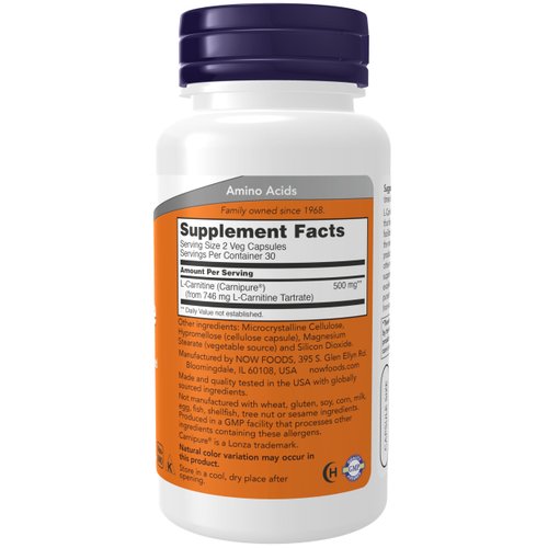 NOW Foods Supplements, L-Carnitine 250 mg, Purest Form, Amino Acid, Fitness Support*, 60 Veg Capsules