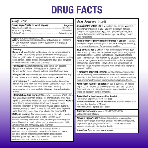 Puregen Labs Extra Strength Headache Caplets, Aspirin 250 mg (NSAID), Caffeine 65 mg, 150 Count