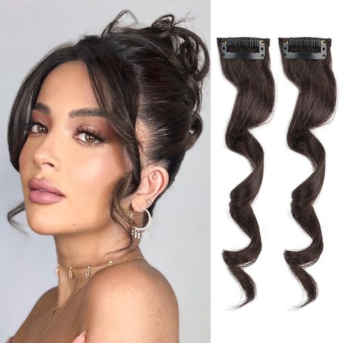 UAmy hair Long Side Bangs 2Pcs Black Brown Wavy Curly Clip on Bangs for Women Wavy Bangs Hair Clip on Fringe Bangs with Temples