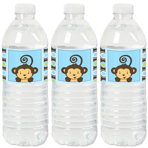 Blue Monkey Boy - Baby Shower or Birthday Party Water Bottle Sticker Labels - Set of 20