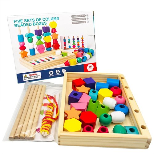 Montessori Toys for 2 3 4 5 Year Old Toddler, Wooden Beads Sequencing Toy Set, Lacing Beads & Stacking Block & Matching Shape Stacker, STEM Preschool Learning Montessori Toys Gifts for Kids Boy Girl