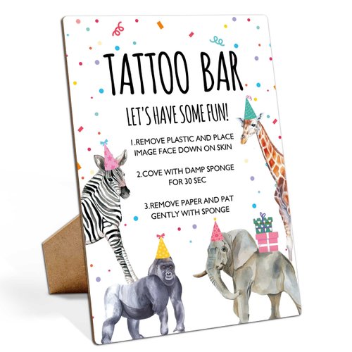 Animals Birthday Party Signs, Tattoo Bar Game, 8×11 Wooden Play Sign with Stand, Safari Birthday Decorations, Safari Birthday Party Favors, Animal Birthday Party Decorations - LP079