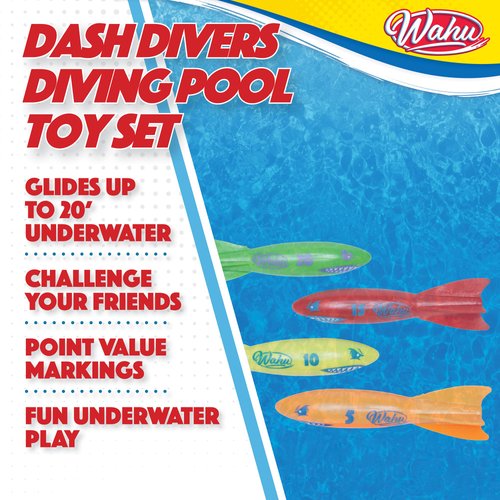 Wahu Dash Divers Pool Diving Toy Set with 5" Diving Sticks Marked with Points, 4-Piece Underwater Diving Torpedoes Set for Kids Ages 5+, Glides up to 20'