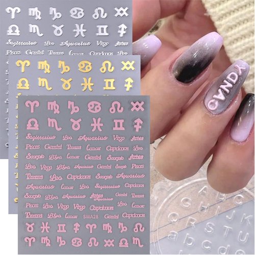 8 Sheets English Letters Nail Stickers for Nail Art Zodiac Letter Nail Art Stickers Gold Silver Pink Twelve Constellation Nail Design Stickers 3D Self-Adhesive Letter Nail Decals for Nail Tips Decor
