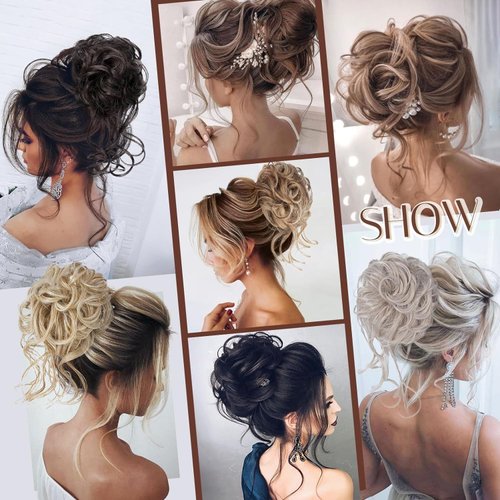 ASAYUMI Messy Bun Hair Piece Claw Clip Bun Hair Accessories for Women Messy Wavy Curly Hair Bun Extensions Short Tousled Updo Synthetic Blonde Hair Extensions Light Brown mix Natural Blonde