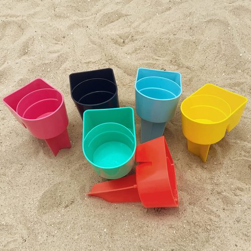 Home Queen Beach Cup Holder with Pocket, Multifunctional Sand Cup Holder for Beverage Phone Sunglass Key, Beach Accessory Drink Sand Coaster, Set of 6 (Navy, Teal, Yellow, Orange, Blue and Pink)