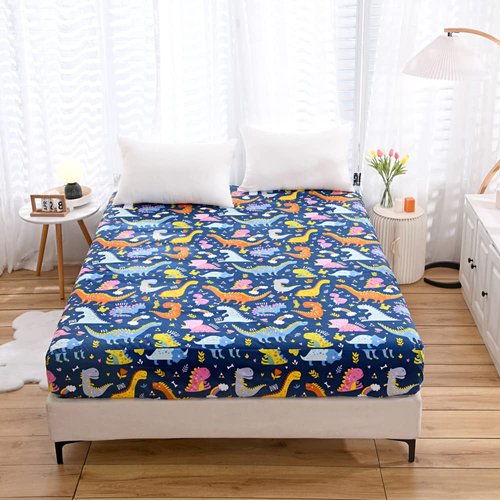 NATURETY Soft Bedding Fitted Sheet with Deep Pocket,Thicken Dino Printed Bed Sheets for Teens (Navy Blue(Dinosaur), Twin)