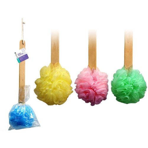 4pk 15" Long Wooden Handle Back Scrubber Bath Shower Mesh Sponge Exfoliating Body Brush Wash Nylon Puff Spa