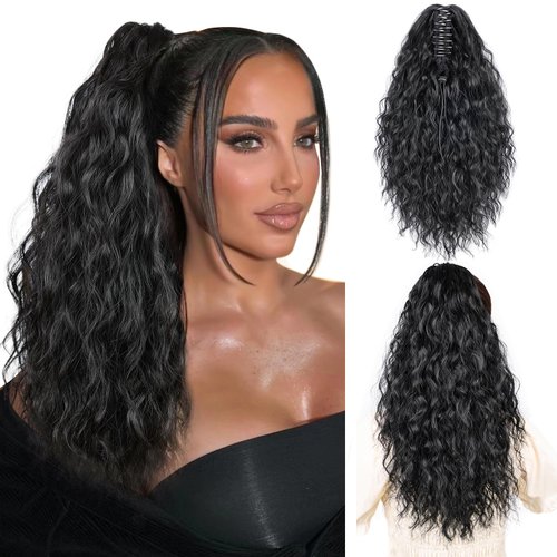 MAYSA Ponytail Hair Extensions,18in Claw Clip in Ponytail Extension, Wavy Curly Claw Clip in Ponytail Hair Extensionsn, Synthetic Fake Ponytail Hairpiece for Black Women #1B Natural Black