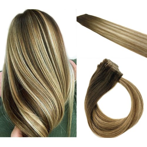 20 Pcs X 18" inches Invisible PU Tape In Seamless Hand Tied Remy Human Hair Extensions (Balayage Ash Blonde Mix)