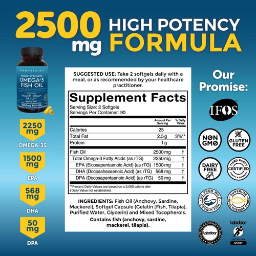 Triple Strength Omega 3 Fish Oil Supplement - 2500 mg Fish Oil with Re-Esterified Omega 3 Fatty Acids Including EPA, DHA DPA - 180 Pescatarian-Friendly Softgels