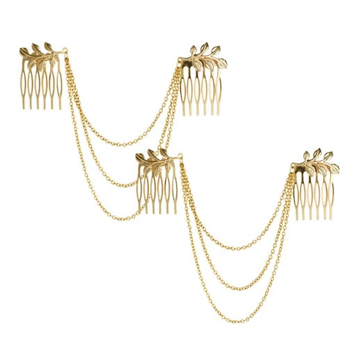 yueton 2pcs Fashion Ladies Athena Olive Branch Tassel Leaf Clips Barrettes Bobby Pin Hair Clips Bride Headwear Edge Clip Clamps Cuff Boho Headbands