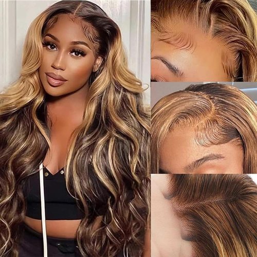 CANDEAS 24 Inch 4/27 Honey Blonde Hd Lace Front Wig Human Hair Highlight Ombre Lace Front Wig Human Hair Body Wave Lace Front Wigs Human Hair Pre Plucked 13X4