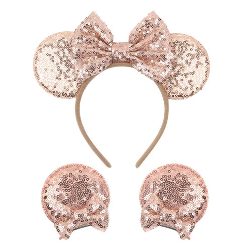 zhezesmila Shiny Mouse Ears Headband and Hair Clips, Glitter Party Princess Decoration with Pink ...