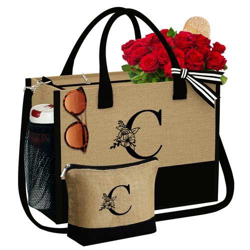 YOOLIFE Birthday Gifts for Women, Initial Jute Tote Bag Beach Tote Bag Gifts for Mom Teacher Gifts Bridal Shower Gifts Sister Gifts Grandma Gifts Christmas Gift Monogrammed Tote Bag for Women C