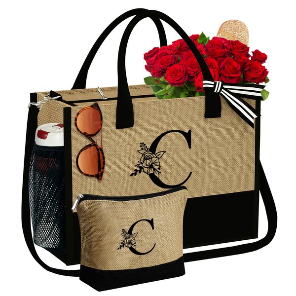 YOOLIFE Birthday Gifts for Women, Initial Jute Tote Bag Beach Tote Bag Gifts for Mom Teacher Gifts Bridal Shower Gifts Sister Gifts Grandma Gifts Christmas Gift Monogrammed Tote Bag for Women C