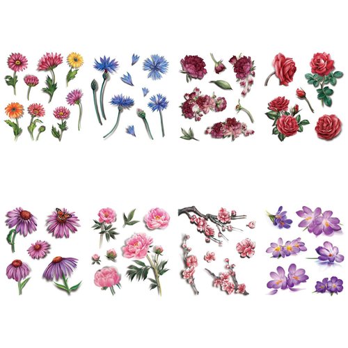 glaryyears 8 Sheets 3D Effect Flower Floral Temporary Tattoos, Arm Chest Leg Tattoo Sticker for Women, Rose Chrysanthemum Designs Body Art on Back Shoulder Waterproof Medium Size