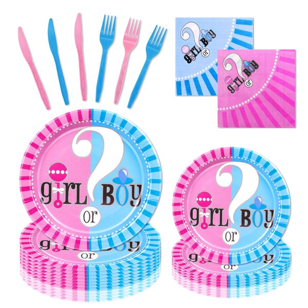 120 Pcs Gender Reveal Birthday Paper Plates Napkins, Gender Reveal Party Supplies Tableware Set for 24 Guests, Gender Reveal Themed Birthday Party Decorations for Kids Boys Girls Baby Shower