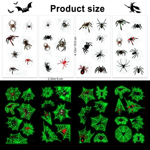 HOWAF 70+pcs Halloween Glow Spiders face Temporary Tattoos, Glow in the Dark Face Mask Spider Cobweb Tattoos for Happy Halloween Makeup Cosplay Party Favors, Trick or Treat Tattoos Sticker
