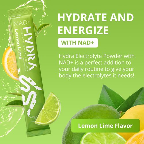 Hydra Powder Nutrients Electrolyte Powder Packets with NAD+, Daily Hydration Packets, Low Sodium Electrolytes Powder, Electrolyte Drink Mix Low Sugar - 16 Electrolyte Packets Lemon Lime
