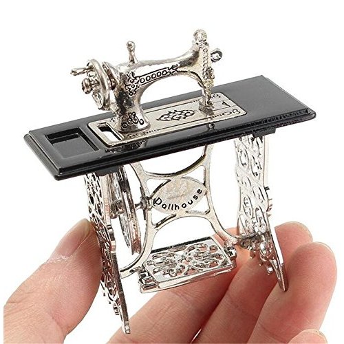 EatingBiting 1/12 1:12 Scale Dollhouse Miniatures Furniture Vintage Silver Sewing Machine Table Metal, Sewing Machine Pedal Can Move, Worth to Keep