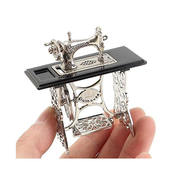 EatingBiting 1/12 1:12 Scale Dollhouse Miniatures Furniture Vintage Silver Sewing Machine Table Metal, Sewing Machine Pedal Can Move, Worth to Keep